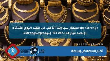 <p><strong>أسعار سبائك الذهب في مصر اليوم الثلاثاء: أونصة عيار 24 بـ173٬067 جنيه</strong></p>